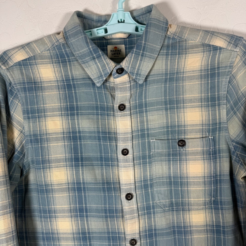 Marine Layer Shirt Mens Medium Blue Button Up Flannel Long Sleeve Plaid Casual